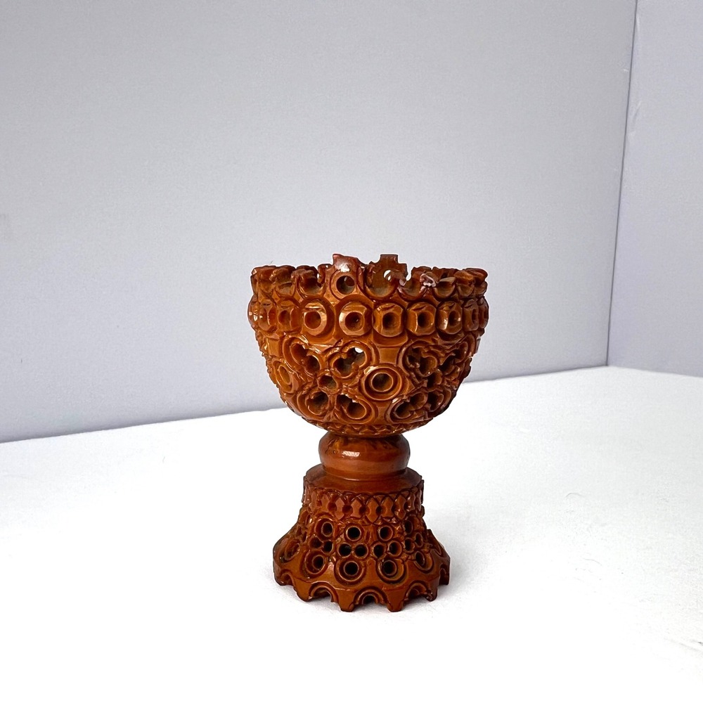 Chinese Quiguila Carved Basket Miniature Vintage Coquilla Nut Sewing Notions
